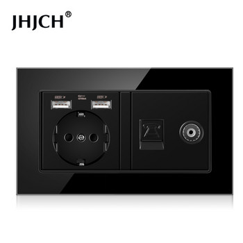 Jhjch ЕС стандартен контакт + телефон TV, закалено стъкло черен rj45 cat6 контакт + компютърен интернет контакт 146*86 мм