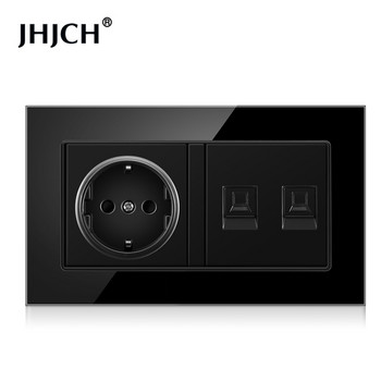 Jhjch standard EU πρίζα τοίχου + τηλεόραση τηλεφώνου, σκληρυμένο γυαλί μαύρο rj45 cat6 πρίζα τοίχου + πρίζα για υπολογιστή 146*86 mm