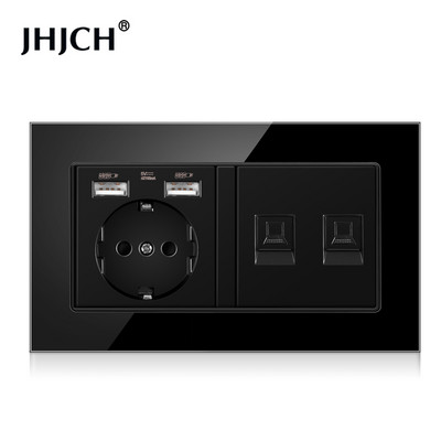 Jhjch štandardná zásuvka EÚ + telefón TV, tvrdené sklo čierna zásuvka RJ45 cat6 + počítačová internetová zásuvka 146*86 mm