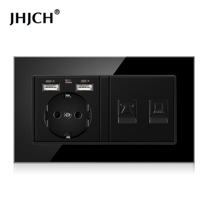 Jhjch štandardná zásuvka EÚ + telefón TV, tvrdené sklo čierna zásuvka RJ45 cat6 + počítačová internetová zásuvka 146*86 mm
