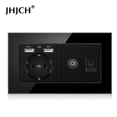 Jhjch štandardná zásuvka EÚ + telefón TV, tvrdené sklo čierna zásuvka RJ45 cat6 + počítačová internetová zásuvka 146*86 mm