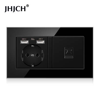 Jhjch štandardná zásuvka EÚ + telefón TV, tvrdené sklo čierna zásuvka RJ45 cat6 + počítačová internetová zásuvka 146*86 mm