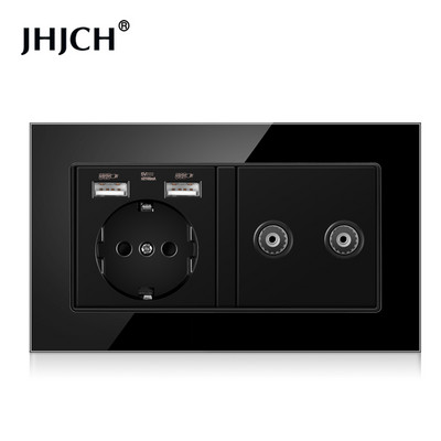 Jhjch štandardná zásuvka EÚ + telefón TV, tvrdené sklo čierna zásuvka RJ45 cat6 + počítačová internetová zásuvka 146*86 mm