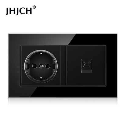 Jhjch štandardná zásuvka EÚ + telefón TV, tvrdené sklo čierna zásuvka RJ45 cat6 + počítačová internetová zásuvka 146*86 mm