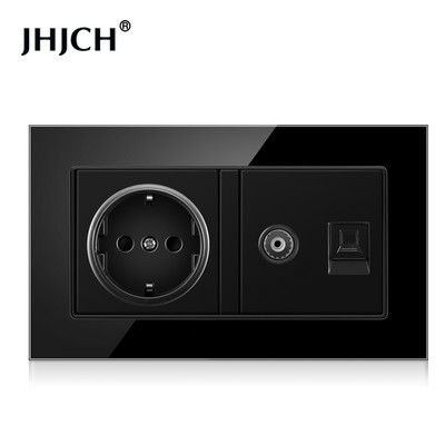 Jhjch štandardná zásuvka EÚ + telefón TV, tvrdené sklo čierna zásuvka RJ45 cat6 + počítačová internetová zásuvka 146*86 mm