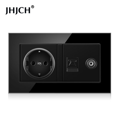 Jhjch štandardná zásuvka EÚ + telefón TV, tvrdené sklo čierna zásuvka RJ45 cat6 + počítačová internetová zásuvka 146*86 mm