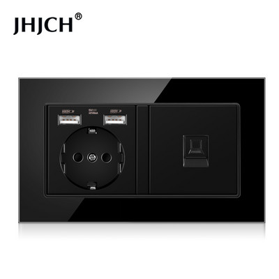 Jhjch štandardná zásuvka EÚ + telefón TV, tvrdené sklo čierna zásuvka RJ45 cat6 + počítačová internetová zásuvka 146*86 mm