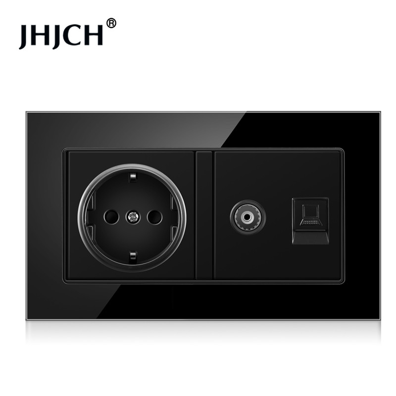 Jhjch štandardná zásuvka EÚ + telefón TV, tvrdené sklo čierna zásuvka RJ45 cat6 + počítačová internetová zásuvka 146*86 mm