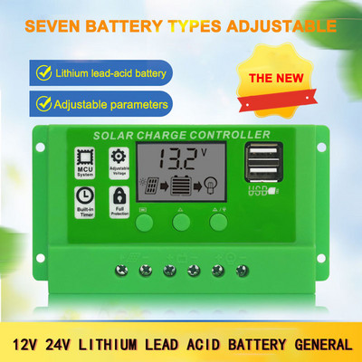 Päikeseenergia laadimise kontroller 12V 24V 10A 20A 30A automaatne PWM 5V väljundregulaator PV laadija LCD topelt-USB fotogalvaanilise paneeli laadija lamp