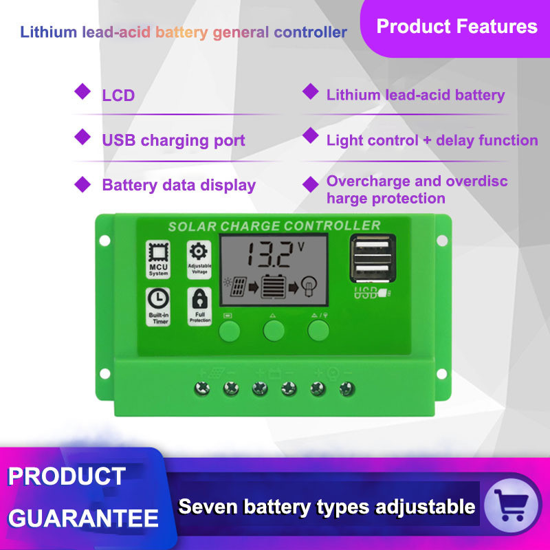 Saules uzlādes kontrolieris 12V 24V 10A 20A 30A Auto PWM 5V izejas regulators PV lādētājs LCD Dual USB fotoelektriskā paneļa lādētāja lampa