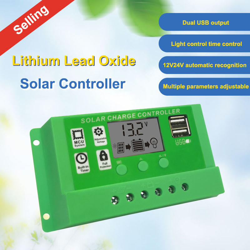 Saules uzlādes kontrolieris 12V 24V 10A 20A 30A Auto PWM 5V izejas regulators PV lādētājs LCD Dual USB fotoelektriskā paneļa lādētāja lampa