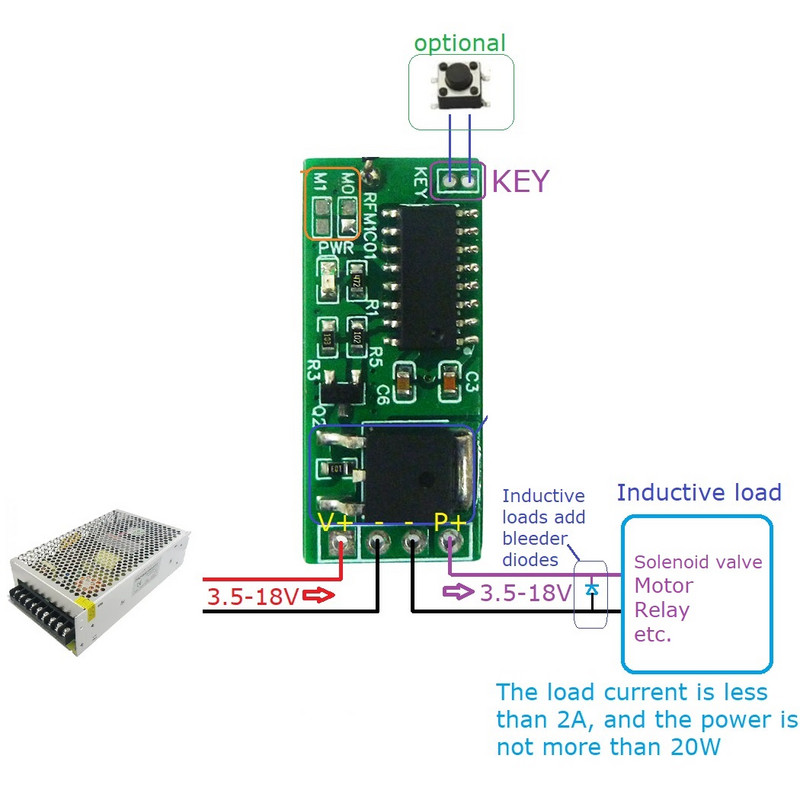 3,7 V – 14,8 V 2 A mini bezdrôtový diaľkový ovládač, nízkonapäťový riadiaci modul napájania z lítiovej batérie