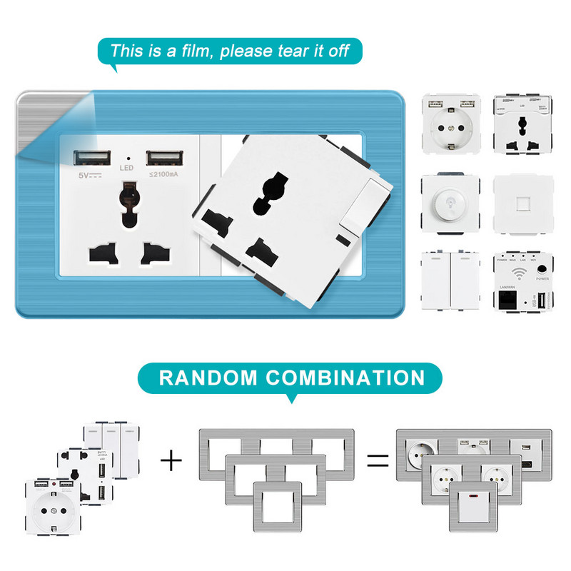 SRAN France kaheraamiline seinapistikupesa 16A 220V valge/must roostevabast terasest paneel 146mm*86mm kodu romantiline kaunistamiseks mõeldud pistikupesa
