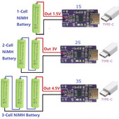 TYPE-C 1S 2S 3S NIMH uzlādējams akumulatora lādētāja modulis 1,5 V 3 V 4,5 V 1,2 V 2,4 V 3,6 V CC/CV DC-DC pārveidotāja modulis