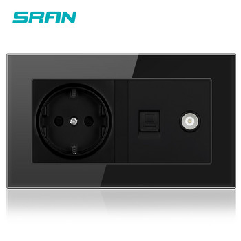 SRAN EU Standard πρίζα τοίχου + θηλυκό βύσμα τηλεόρασης με δεδομένα υπολογιστή Διαδικτύου RJ45 CAT5E Plug Tempered Crystal Glass panel