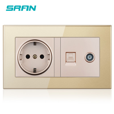SRAN EU standartinis sieninis maitinimo lizdas + moteriškas televizoriaus lizdas su interneto kompiuterio duomenimis RJ45 CAT5E kištukas grūdintas krištolinis stiklas