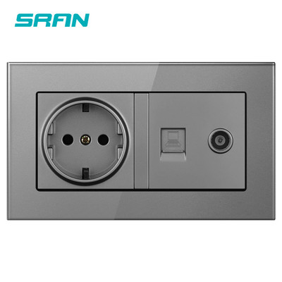 SRAN EU standartinis sieninis maitinimo lizdas + moteriškas televizoriaus lizdas su interneto kompiuterio duomenimis RJ45 CAT5E kištukas grūdintas krištolinis stiklas