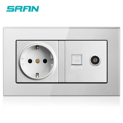 SRAN EU standartinis sieninis maitinimo lizdas + moteriškas televizoriaus lizdas su interneto kompiuterio duomenimis RJ45 CAT5E kištukas grūdintas krištolinis stiklas