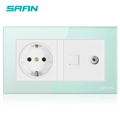 SRAN EU standartinis sieninis maitinimo lizdas + moteriškas televizoriaus lizdas su interneto kompiuterio duomenimis RJ45 CAT5E kištukas grūdintas krištolinis stiklas