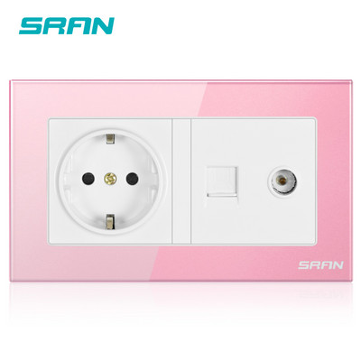 SRAN EU standartinis sieninis maitinimo lizdas + moteriškas televizoriaus lizdas su interneto kompiuterio duomenimis RJ45 CAT5E kištukas grūdintas krištolinis stiklas