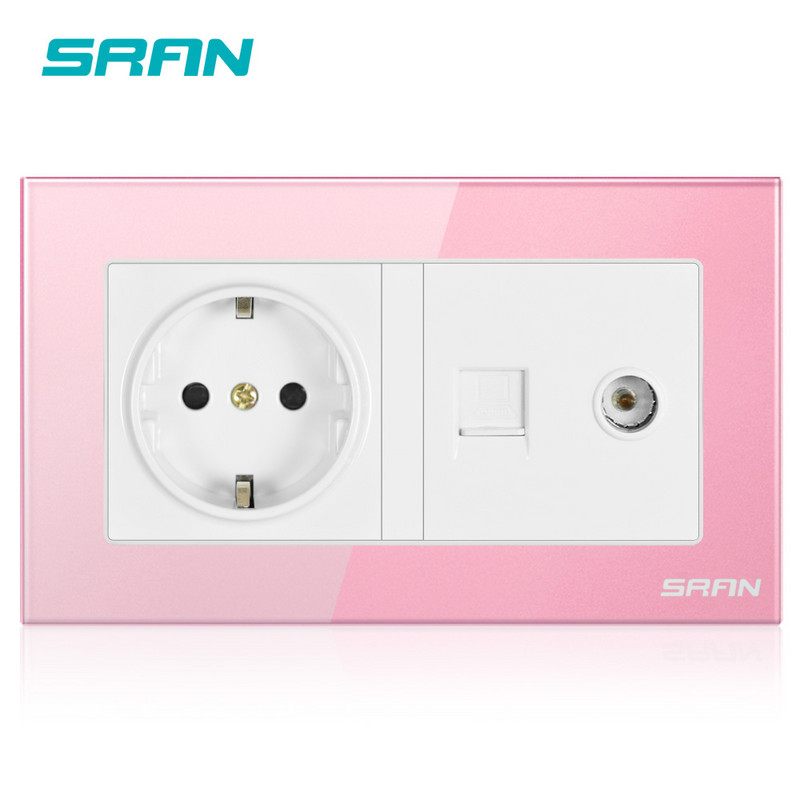 SRAN EU standartinis sieninis maitinimo lizdas + moteriškas televizoriaus lizdas su interneto kompiuterio duomenimis RJ45 CAT5E kištukas grūdintas krištolinis stiklas