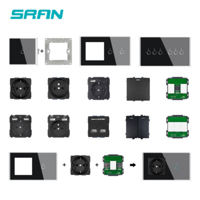 SRAN A6 sorozat Fekete Üveg Panel érzékelő kapcsoló Érintőgomb EU francia Elektromos aljzatok Usb aljzat Modul barkácsolás
