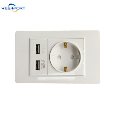 118 mm biela PC zásuvka s 2 USB portami, štandardná pre domácnosti, 16 A, 2-otvorová, s bielym PC panelom, samozhášacím panelom, kombináciou 2 USB portov
