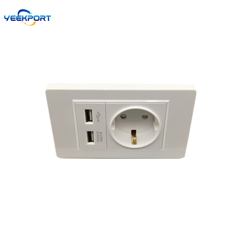 118 mm biela PC zásuvka s 2 USB portami, štandardná pre domácnosti, 16 A, 2-otvorová, s bielym PC panelom, samozhášacím panelom, kombináciou 2 USB portov