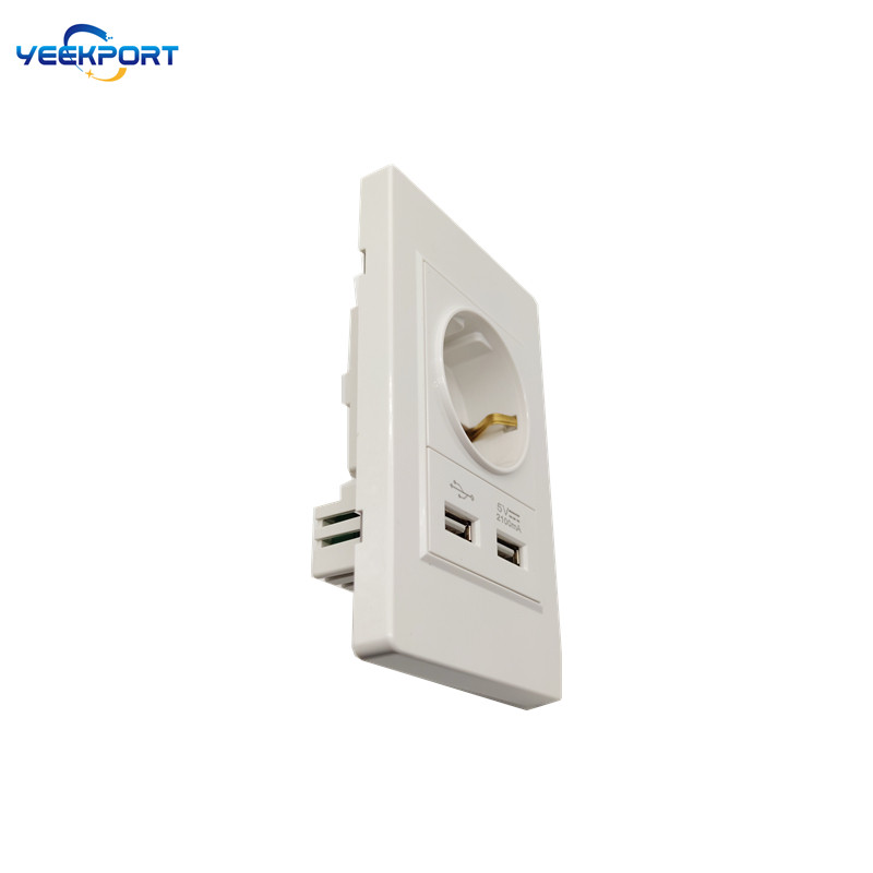 118 mm biela PC zásuvka s 2 USB portami, štandardná pre domácnosti, 16 A, 2-otvorová, s bielym PC panelom, samozhášacím panelom, kombináciou 2 USB portov