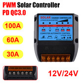 Solárny regulátor 10A/30A/60A/100A PWM regulátor 12V/24V s automatickou adaptáciou, fotovoltický solárny panel, nabíjačka batérií, regulátor