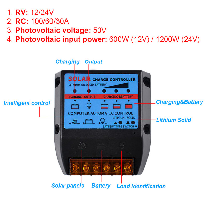 Solárny regulátor 10A/30A/60A/100A PWM regulátor 12V/24V s automatickou adaptáciou, fotovoltický solárny panel, nabíjačka batérií, regulátor