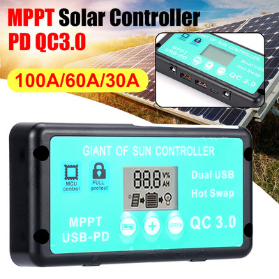 Ελεγκτής ηλιακής φόρτισης 12V/24V 30A/60A/100A Solar Regulator MPPT Φορτιστής μπαταρίας Οθόνη LCD Ελεγκτής ηλιακού πάνελ διπλού USB