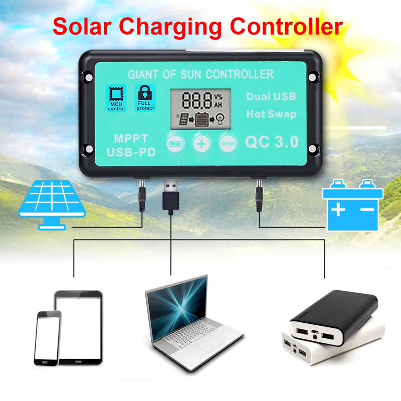 Päikeseenergia laadimise kontroller 12V/24V 30A/60A/100A päikeseenergia regulaator MPPT akulaadija LCD-ekraan kahe USB-ga päikesepaneeli kontroller