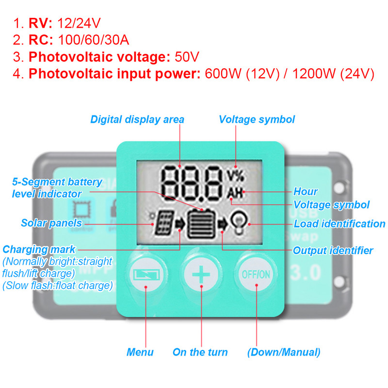 Päikeseenergia laadimise kontroller 12V/24V 30A/60A/100A päikeseenergia regulaator MPPT akulaadija LCD-ekraan kahe USB-ga päikesepaneeli kontroller