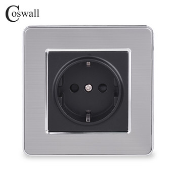 Coswall 16A EU Standard πρίζα τοίχου Πολυτελής πρίζα ρεύματος από ανοξείδωτο ατσάλι βουρτσισμένο πάνελ γειωμένο με παιδική προστατευτική πόρτα