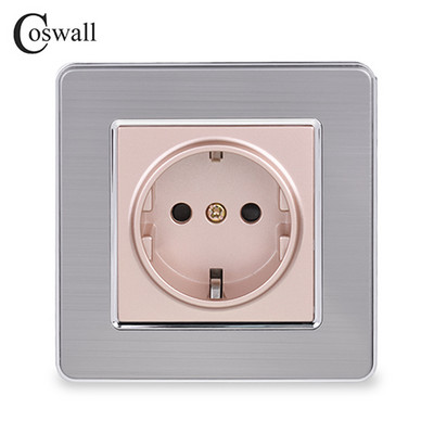 Coswall 16A EU szabványos fali aljzat Luxus konnektor rozsdamentes acél szálcsiszolt panel földelve gyermekvédő ajtóval