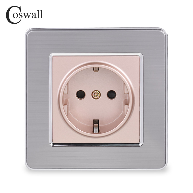 Coswall 16A EU szabványos fali aljzat Luxus konnektor rozsdamentes acél szálcsiszolt panel földelve gyermekvédő ajtóval