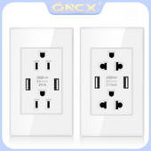 QNCX rūdīta stikla amerikāņu daudzfunkciju ligzda 2.1A ar divu USB strāvas adaptera ligzdu 15A ASV standarta dupleksā sienas kontaktligzda