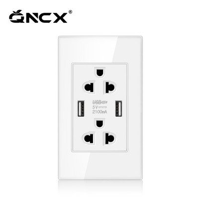 QNCX rūdīta stikla amerikāņu daudzfunkciju ligzda 2.1A ar divu USB strāvas adaptera ligzdu 15A ASV standarta dupleksā sienas kontaktligzda