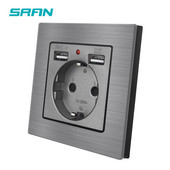 ES standarta barošanas ligzda, ligzda ar USB uzlādes portu 2.1A 16A melna alumīnija sakausējuma paneļa USB sienas kontaktligzdas EU F9USB001