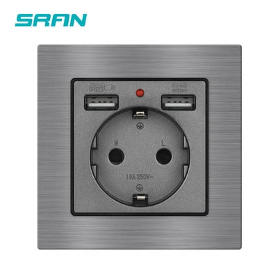 ES standarta barošanas ligzda, ligzda ar USB uzlādes portu 2.1A 16A melna alumīnija sakausējuma paneļa USB sienas kontaktligzdas EU F9USB001