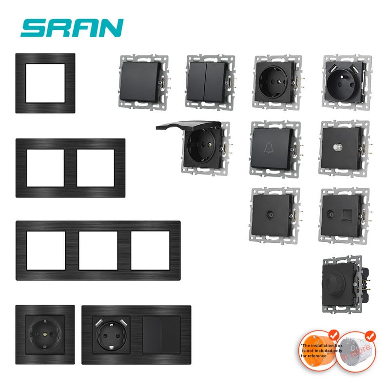 ES standarta barošanas ligzda, ligzda ar USB uzlādes portu 2.1A 16A melna alumīnija sakausējuma paneļa USB sienas kontaktligzdas EU F9USB001