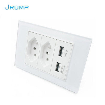 JRUMP Бразилия Стандартен стенен контакт Захранване Двоен контакт Двоен USB порт за зареждане Луксозен панел от закалено стъкло