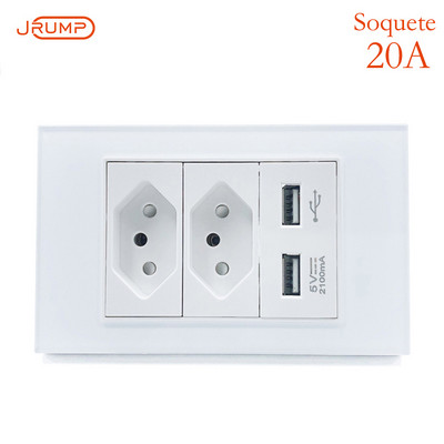 JRUMP Brazílsky štandardný nástenný zdroj napájania s dvojitou zásuvkou, dvojitý nabíjací port USB, luxusný panel z tvrdeného skla