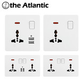 Viacúčelové zásuvky, 3 piny, 13A, duálna USB nabíjačka, LED indikátor, jednotlivé zásuvky s prepínačmi, dvojitá nástenná zásuvka, biely plast