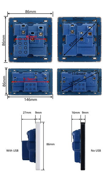 Мултистандартни контакти 3 пина 13A Двойно USB зарядно LED индикатор Единични изходи с превключватели Изход с двойна стена Бяла пластмаса