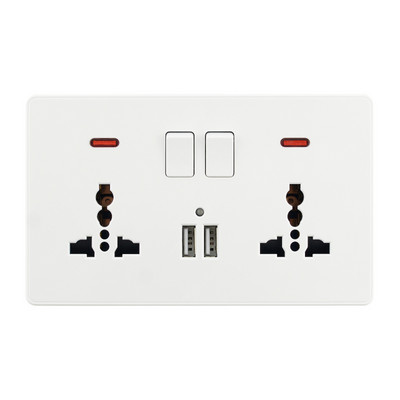 Viacúčelové zásuvky, 3 piny, 13A, duálna USB nabíjačka, LED indikátor, jednotlivé zásuvky s prepínačmi, dvojitá nástenná zásuvka, biely plast