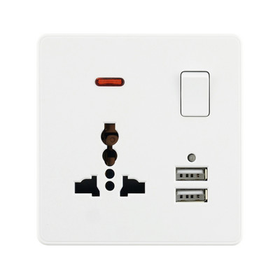 Viacúčelové zásuvky, 3 piny, 13A, duálna USB nabíjačka, LED indikátor, jednotlivé zásuvky s prepínačmi, dvojitá nástenná zásuvka, biely plast
