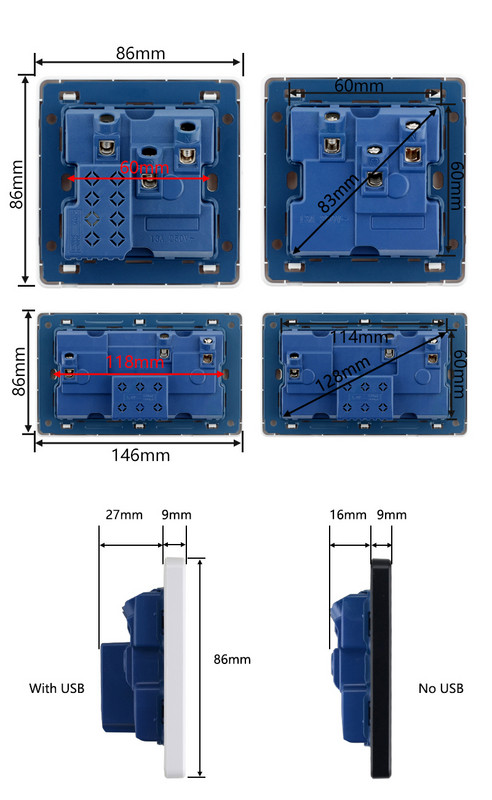 Viacúčelové zásuvky, 3 piny, 13A, duálna USB nabíjačka, LED indikátor, jednotlivé zásuvky s prepínačmi, dvojitá nástenná zásuvka, biely plast