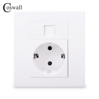 Coswall PC panel EÚ Rusko Španielsko Zásuvka + 1 gang CAT6 RJ45 internetový počítačový dátový konektor biela farba modulárny 86*86 mm